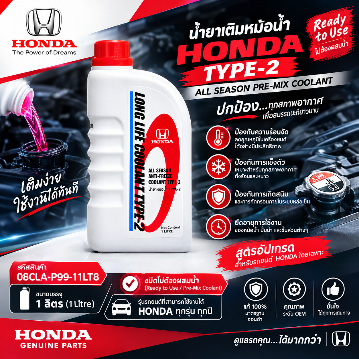 น้ำยาเติมหม้อน้ำ Honda Type-2 All Season Pre-Mix Coolant 1L ชนิดไม่ต้องผสมน้ำ (รหัส 08CLA-P99-11LT8)