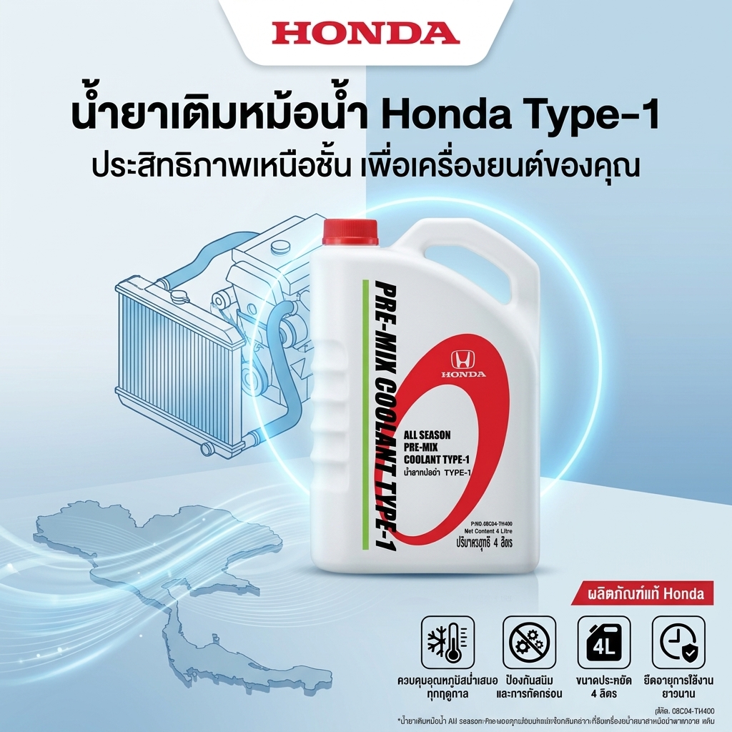 น้ำยาเติมหม้อน้ำ Honda Type-1 All Season Pre-Mix Coolant 4L (รหัส 08C04-TH400)