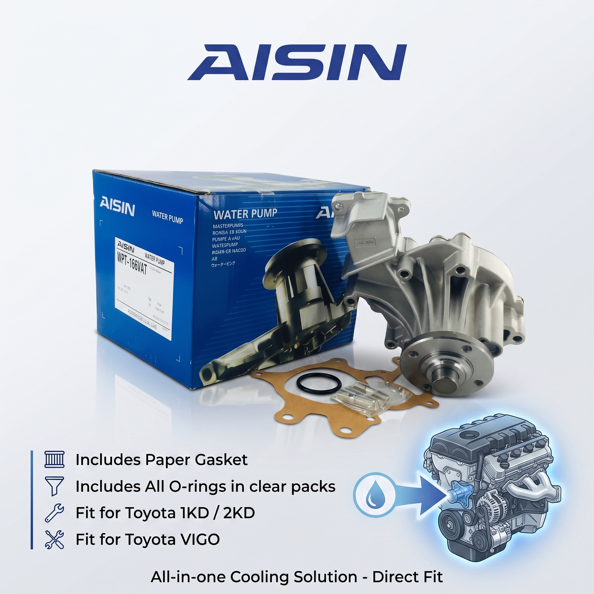 AISIN ปั๊มน้ำ สำหรับ TOYOTA VIGO (เครื่อง 1KD / 2KD) พร้อมปะเก็นและโอริง (รหัส WPT-166VAT) - Image 2